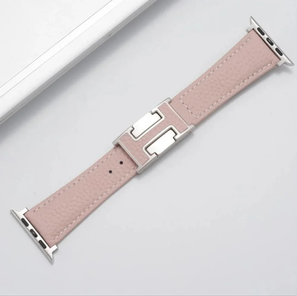 Pink Lychee Grain Leather Apple Watch Band With Magnetic H Buckle